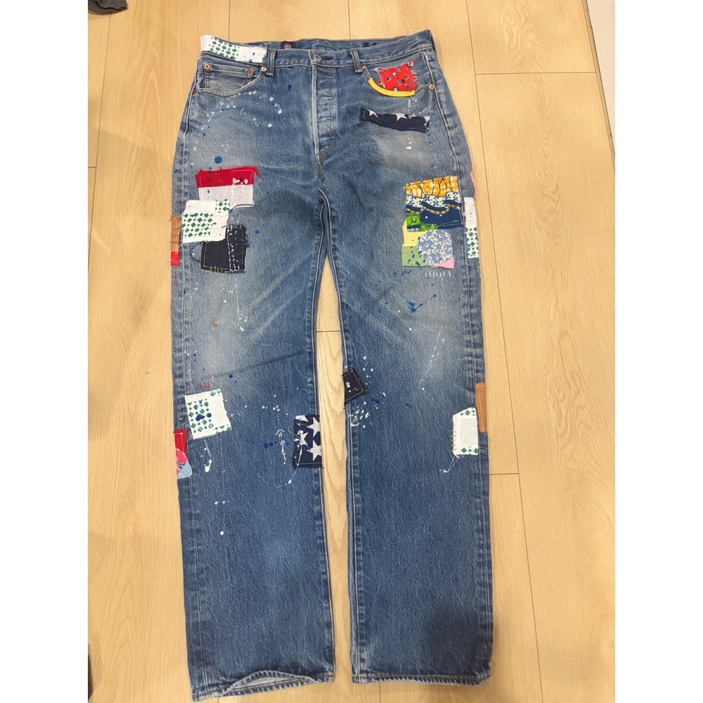 Res Ipsa Custom Levis 501 Patchwork Paint Splatter Jeans Mens 36x38 USA Flag